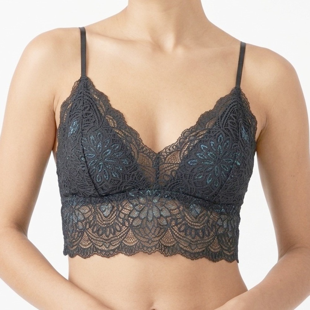 Colsie Lace Bralette Womens XL Black Iridescent Shimmer Floral Longline V-Neck